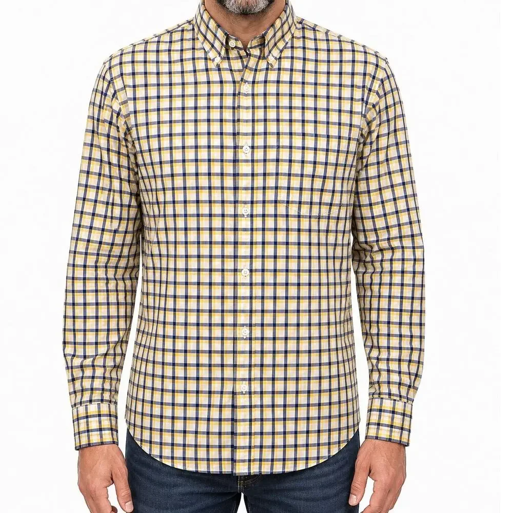 J. Crew NY Light Weight Shirt Men S Button Down Yellow Navy White Check Plaid
